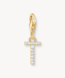 Thomas Sabo-Charm-hängsmycke bokstaven T med vita stenar guldpläterad