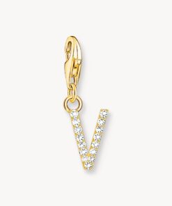 Thomas Sabo-Charm-hängsmycke bokstaven V med vita stenar guldpläterad