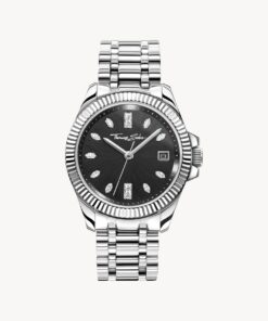 Damklocka Divine Silver med svart urtavla och vita stenar silver