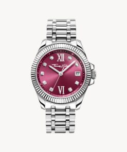 Damklocka Divine Burgundy med vinröd urtavla och vita stenar silver