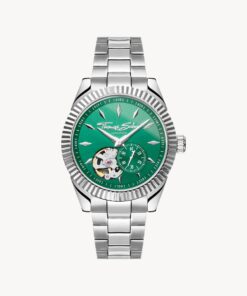 Silverfärgad automatisk klocka med 36 mm och smaragdgrön urtavla