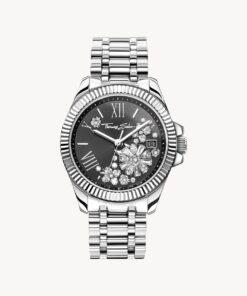 Silverfärgad damklocka med 33 mm, svart urtavla och vita blommor