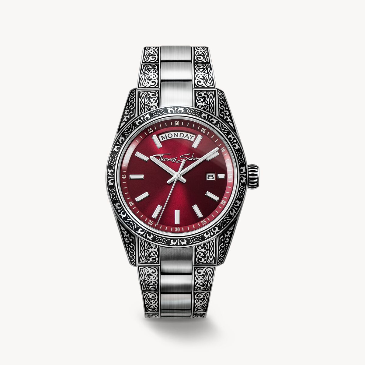 Thomas Sabo- Klocka Rebel at Heart Revive, 36 mm, rostfritt stål, mörkröd, graverad design