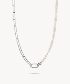 Charm-halsband paperclip och pärlor med en Connect-Link silver