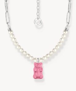 Rosa'Halsband med Goldbearshänge och pärlor, silver