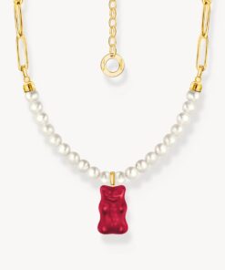 Halsband med rött guldbjörnshänge och pärlor, pläterat
