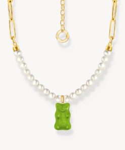 Halsband med grönt guldbjörnshänge och pärlor, pläterat