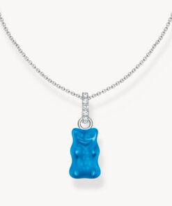 Halsband med blått guldbjörnshänge och stenar, silver