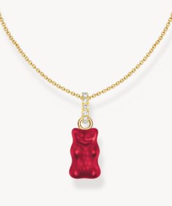Halsband med rött guldbjörnshänge och stenar, pläterat
