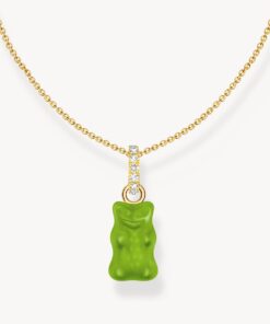 Halsband med grönt guldbjörnshänge och stenar, pläterat